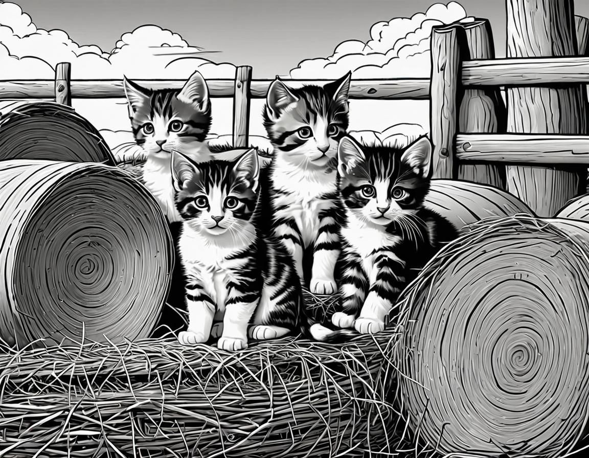 Simple coloring-book line art, simplistic black and white line art page, cute barnyard scene of kittens playing on the hay bales  , lineart,...