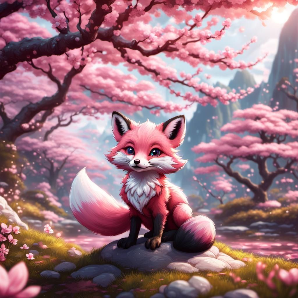 cute pink baby fox in a beautiful cherry blossom landscape