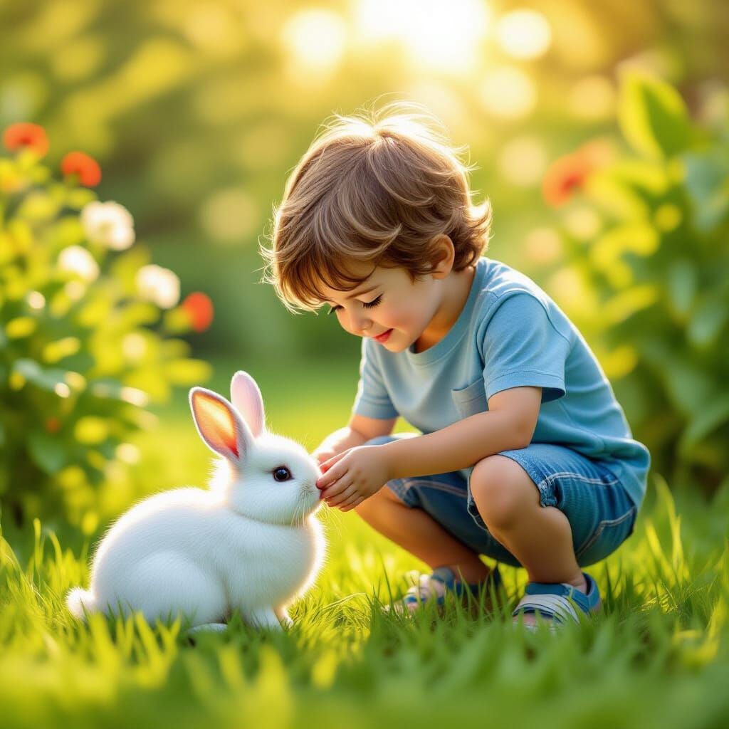 Boy Gently Petting White Rabbit in Sunny Backyard