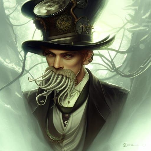 Cthulhu in forest wearing a top hat, steampunk