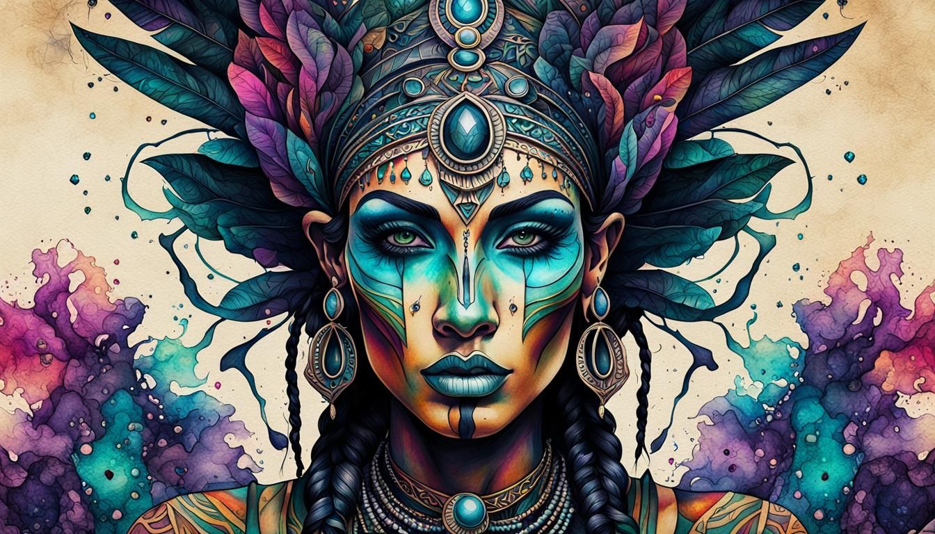 Goddess Portrait with Tribal Tattoos in Cubist Style