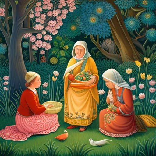 The grandmother tells the grandchildren exciting stories, in...
