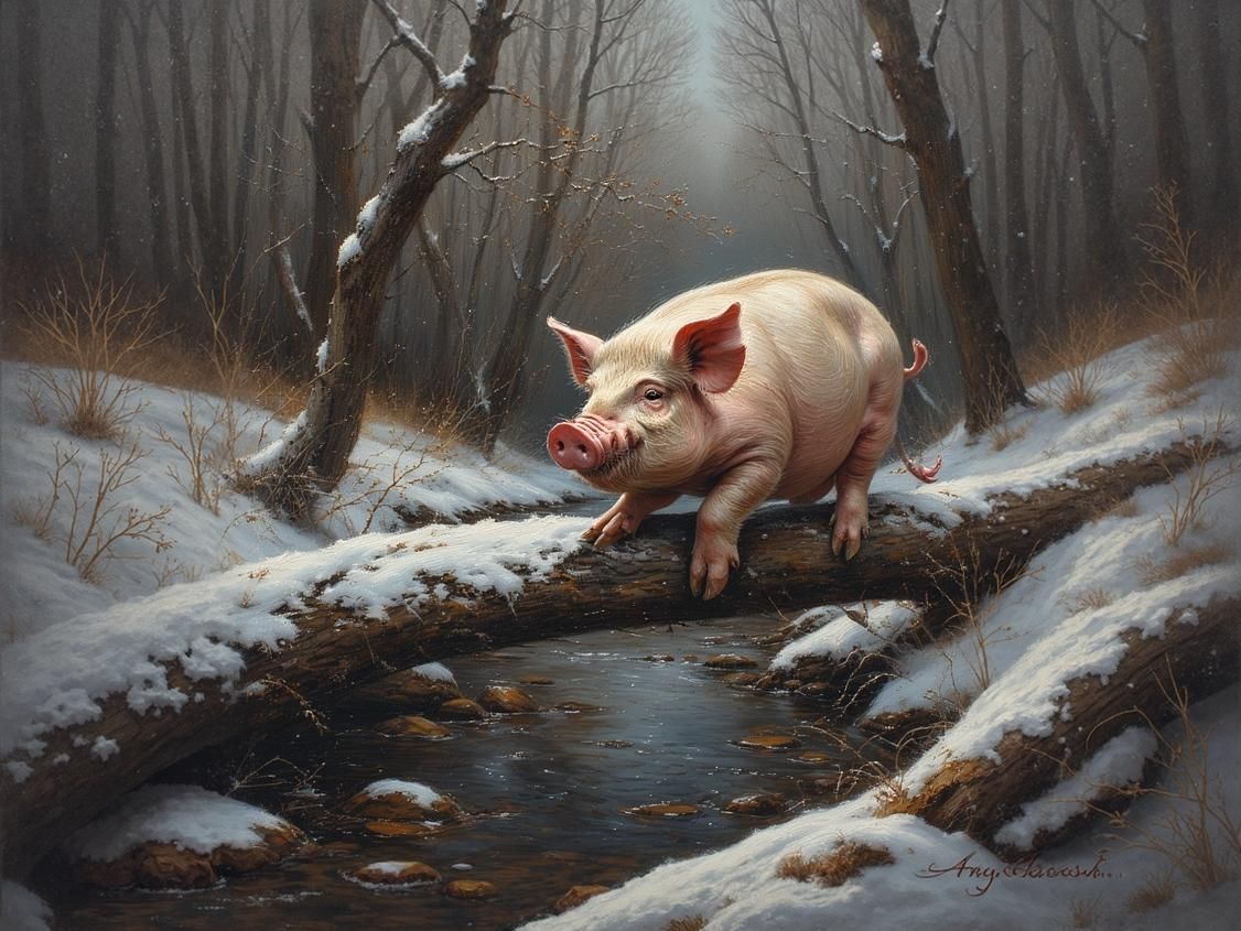 Pig Crossing Stream Oil Painting