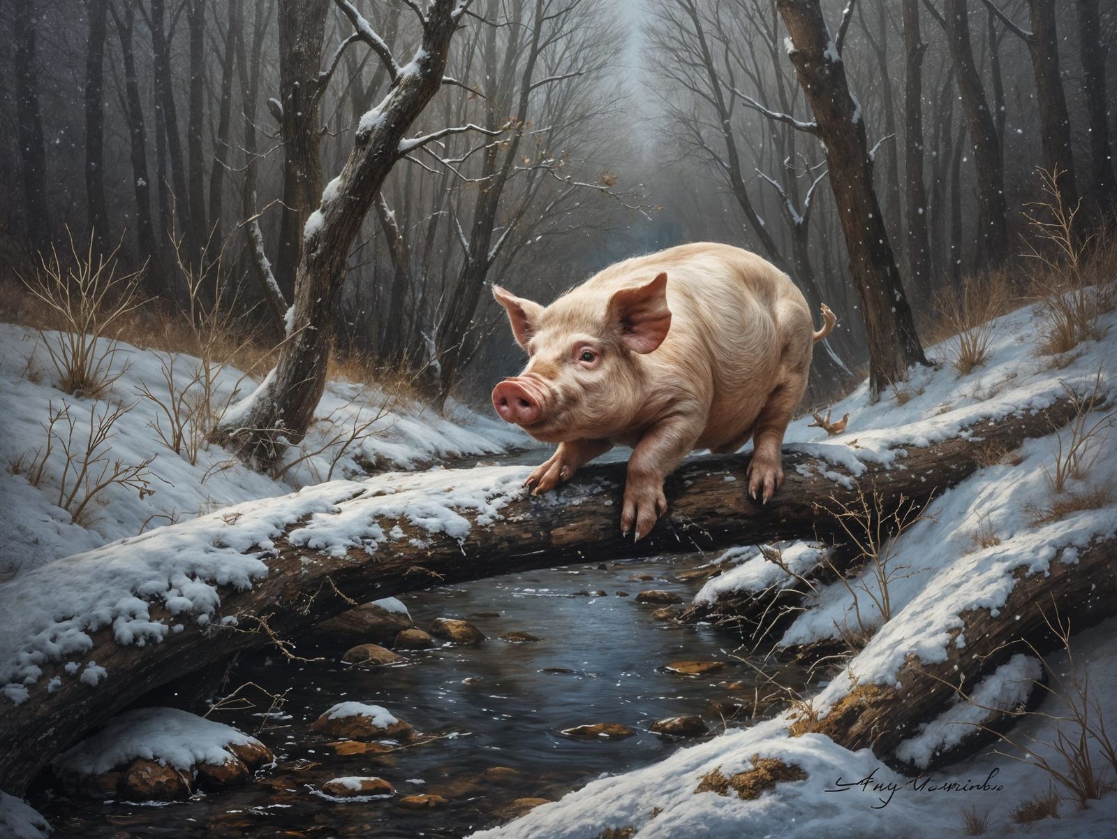 Pig Crossing Stream Oil Painting
