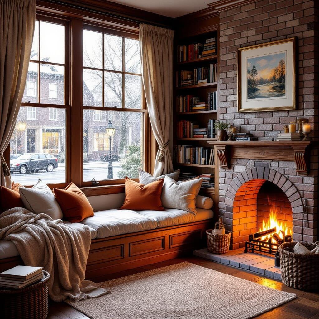 Think quiet corners designed for immersing yourself in reading. Fill the space with warm light, soft ...  by @Barabashka