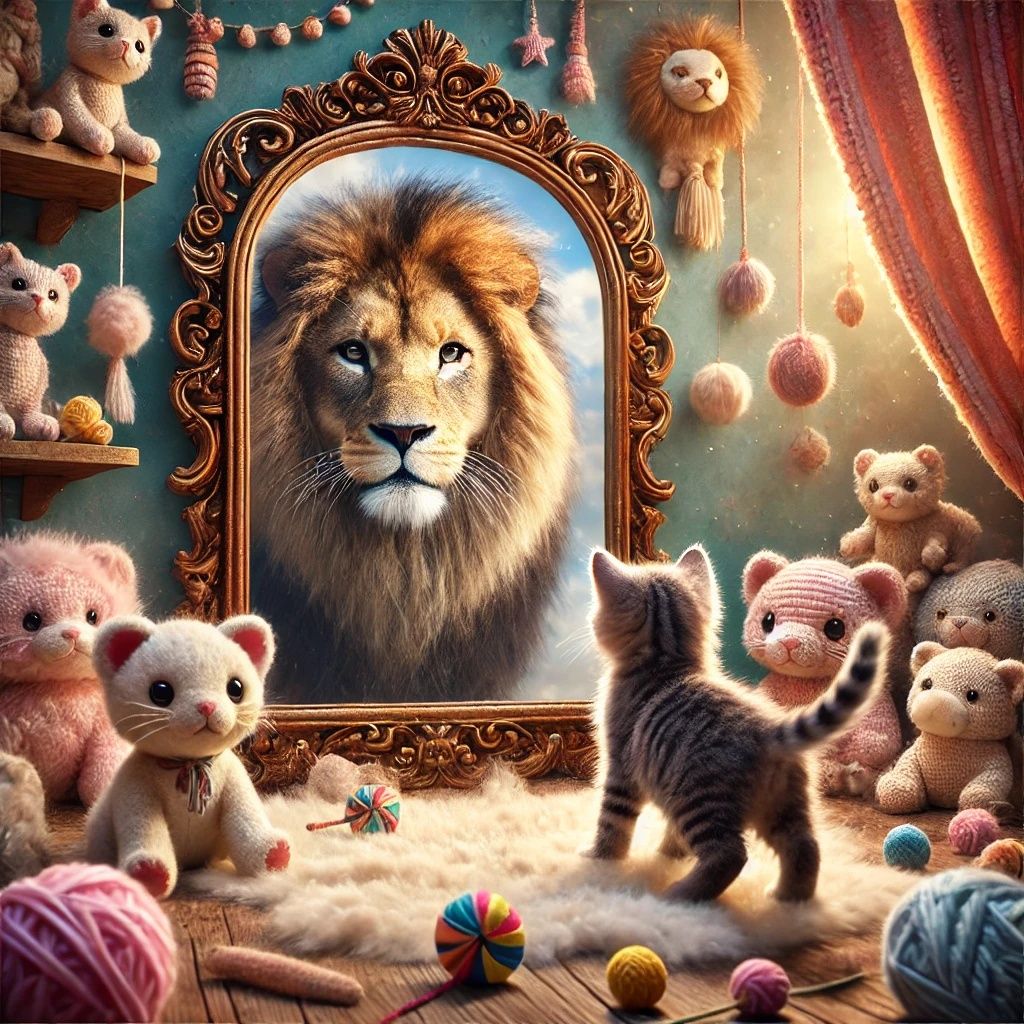 Small Kitten Looks Into A Mirror And Sees A Majestic Lion In...