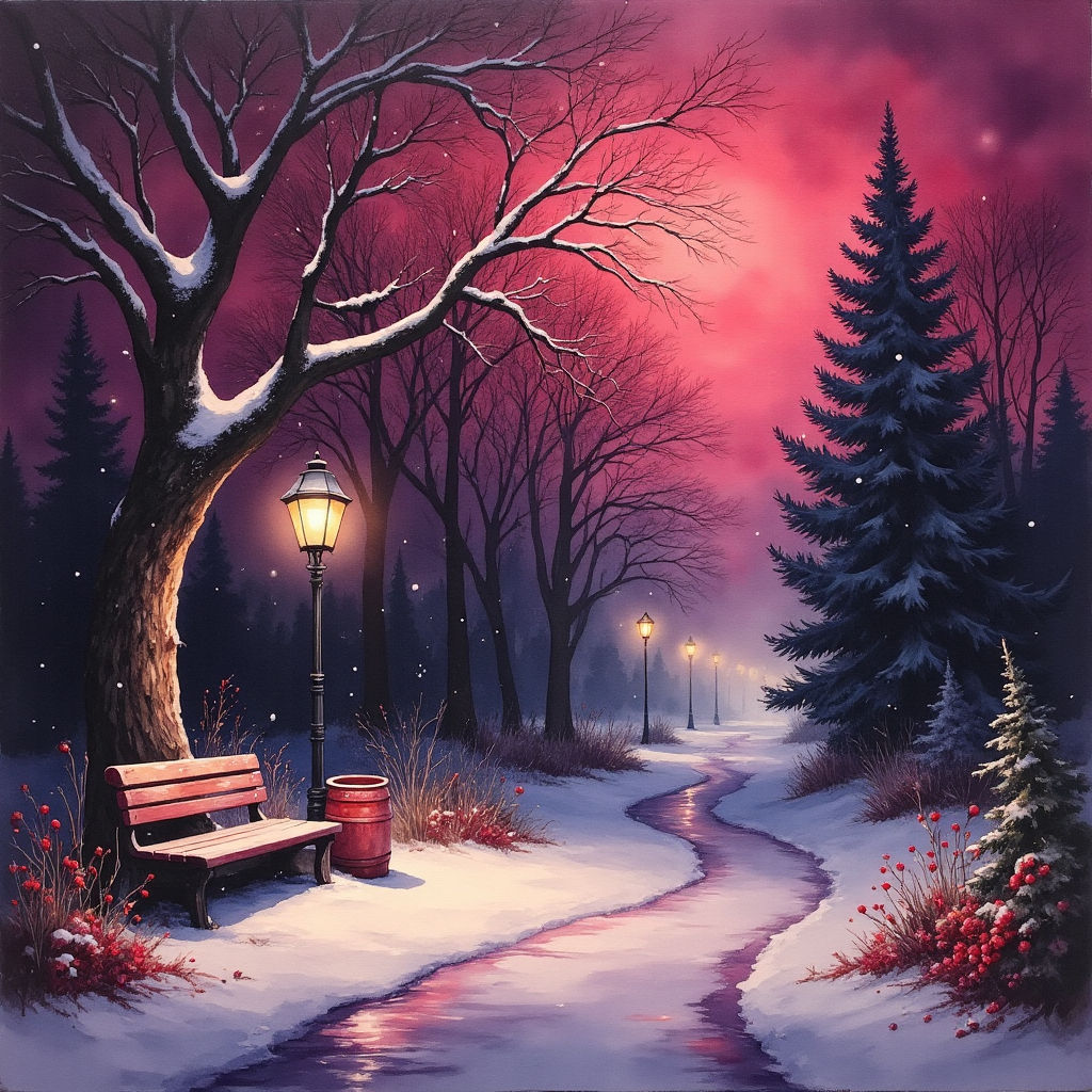 Weathered beer keg and park bench Night