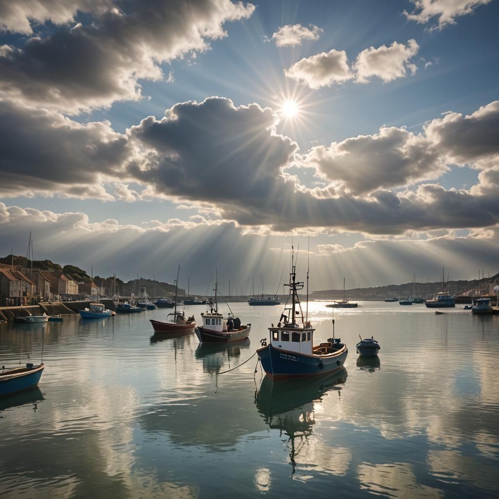 Tranquil Harbor: Fishing Boat in Divine Sunlight