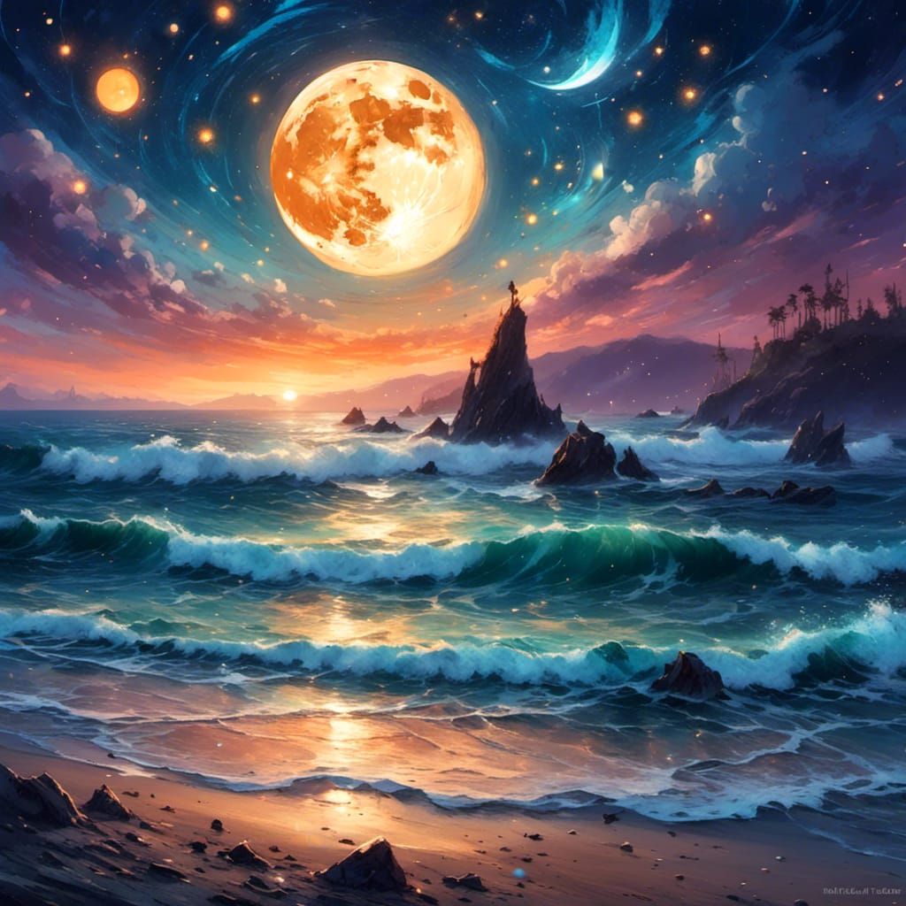 <lora:naturx smile:1.0>Hyperealistic starry night on the seashore, the crescent of the moon is bright, fantasycore, moon crescent luminescen...