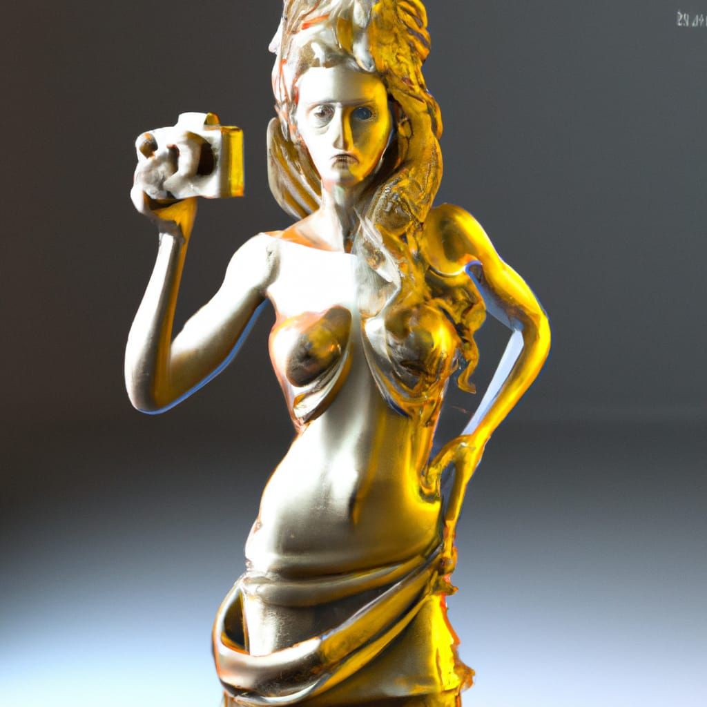 gold statue. young beautiful woman. blond hair. is a photogr...