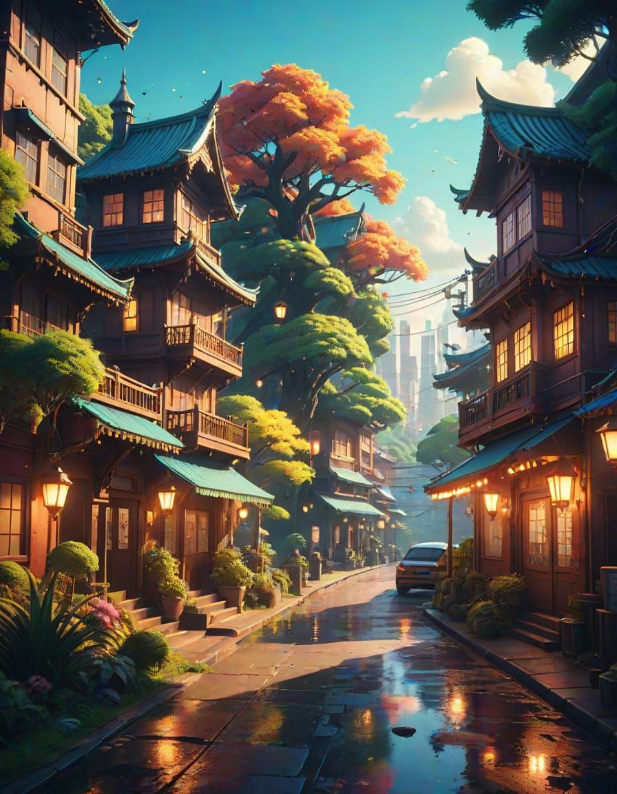Glamorous Anime Cityscape at Golden Hour