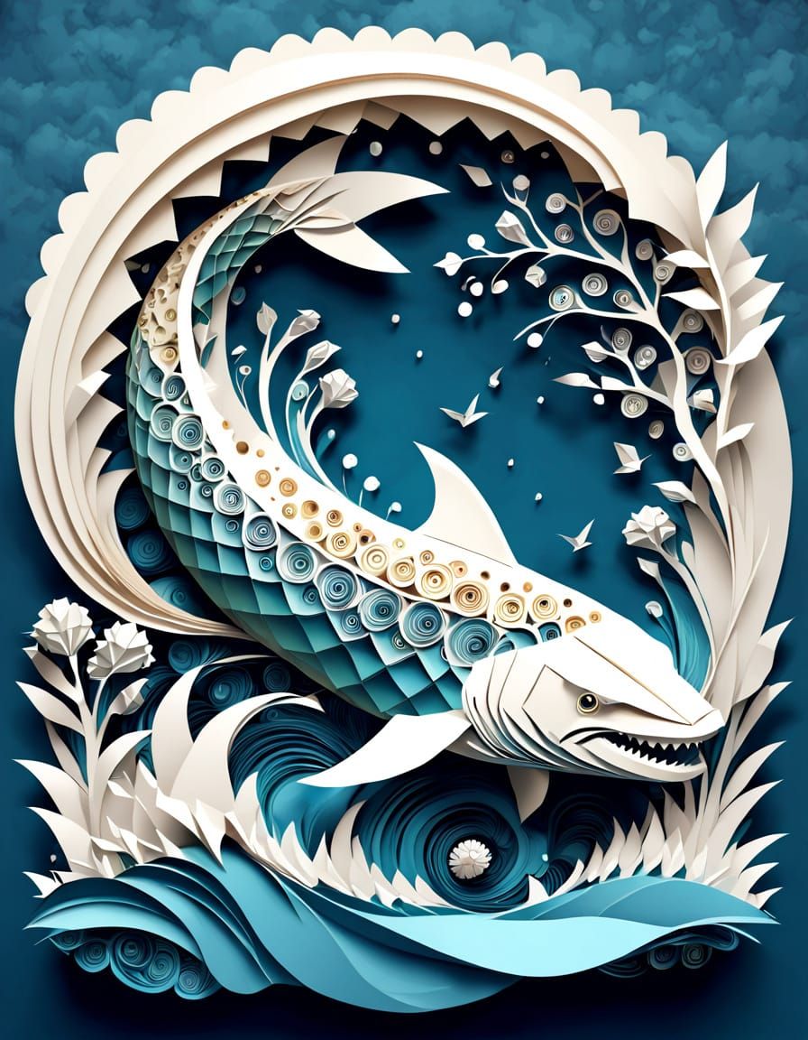 A colossal clockwork leviathan, its body intricately crafted from folded parchment and gears, swims through ...  by @Ima