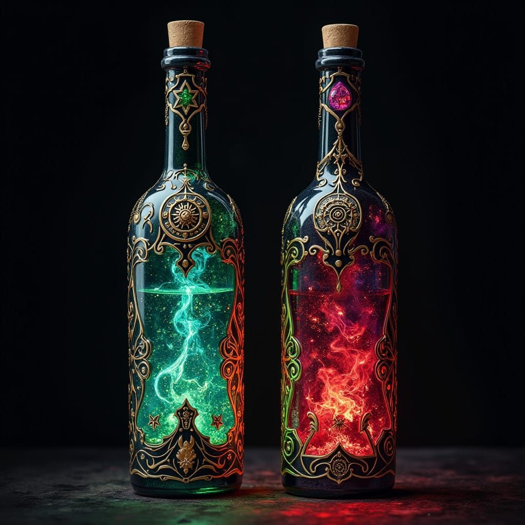 Two mysterious wine bottles filled with colorful potions, deep colors, arcane, rich colors, mysterious, magical, dark background 