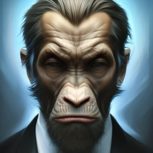 Ape in suit ,5D lighting,surreal fantasy art,detailed face