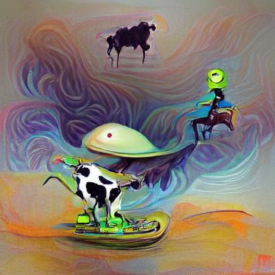 Alien cowboy riding cow