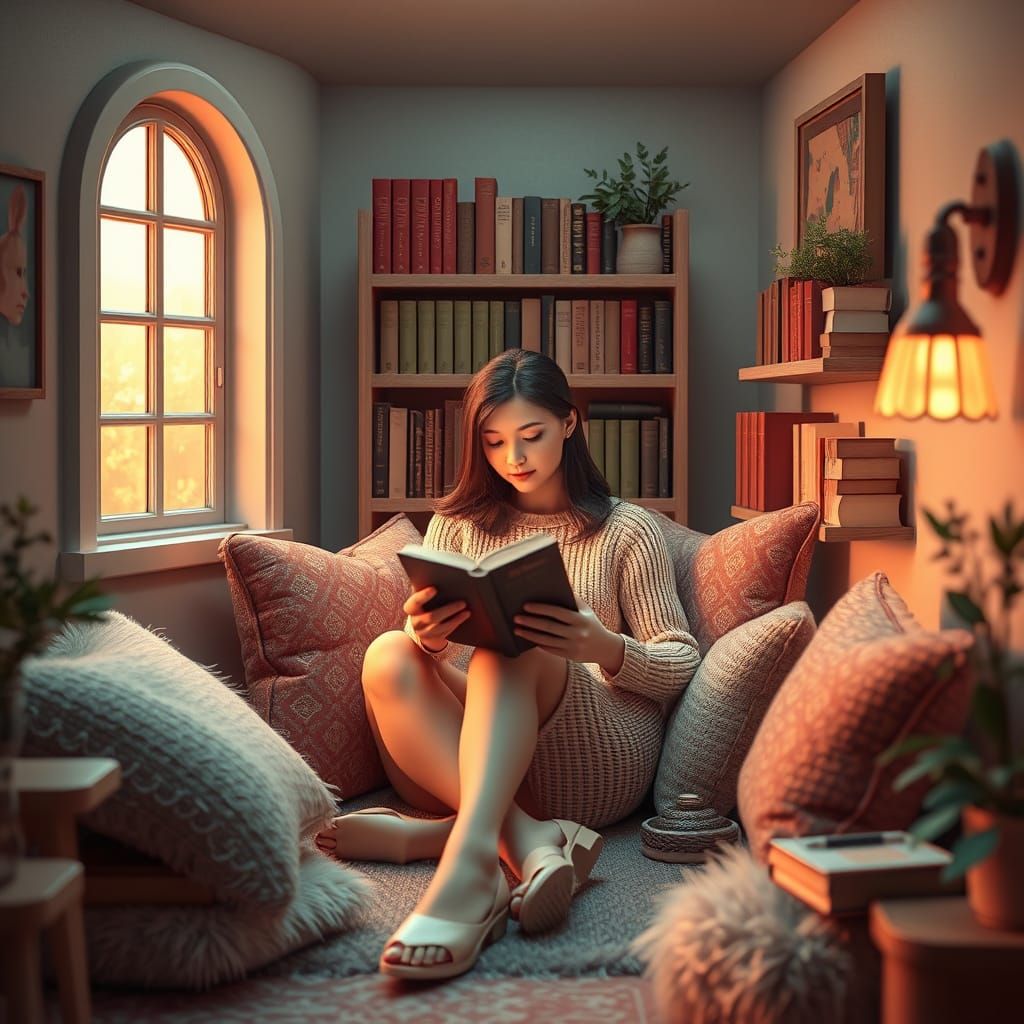 Cozy Reading Nook in Vaporwave Style