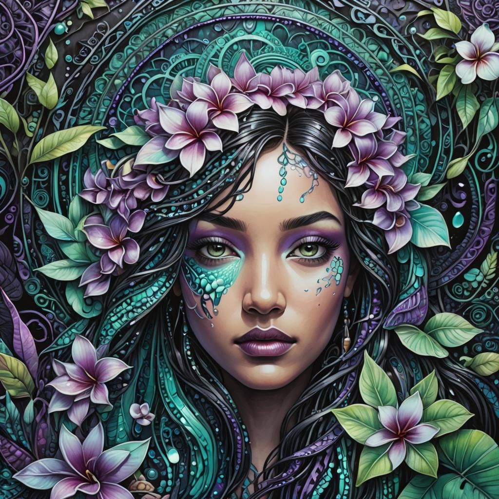Iridescent Filigree black mint purple teal plumeria opalesce...