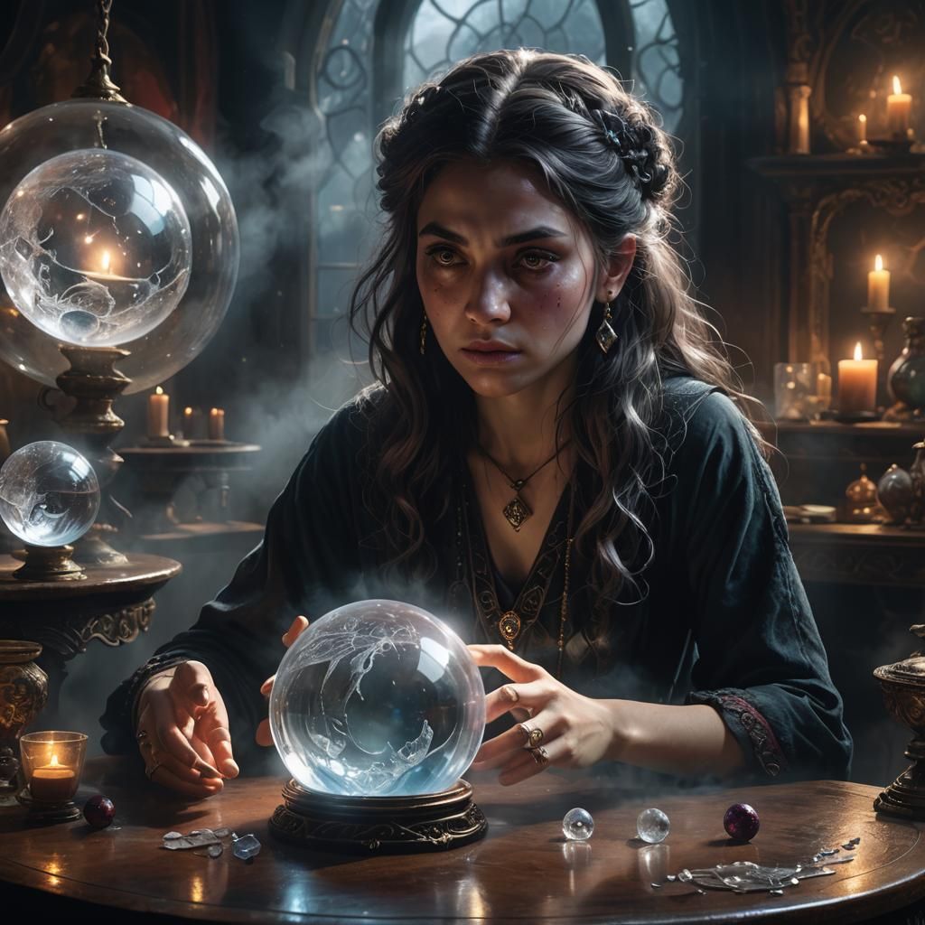 Mystical Witch Gazing into Crystal Ball: Hyperrealistic Art