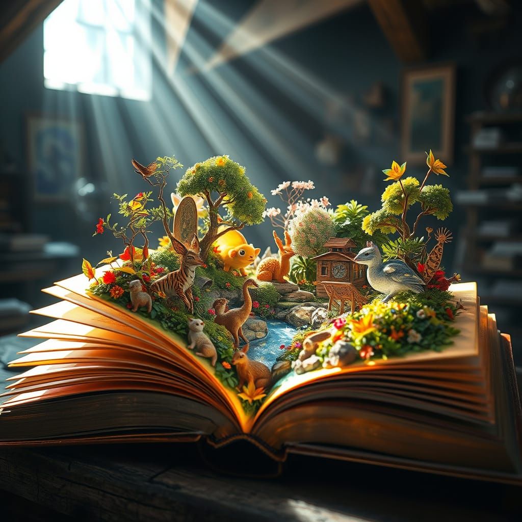 closeup side shot luminescent open book, from the page comes to life a miniature fantasy jungle with same realistic animals, stream, filled ...