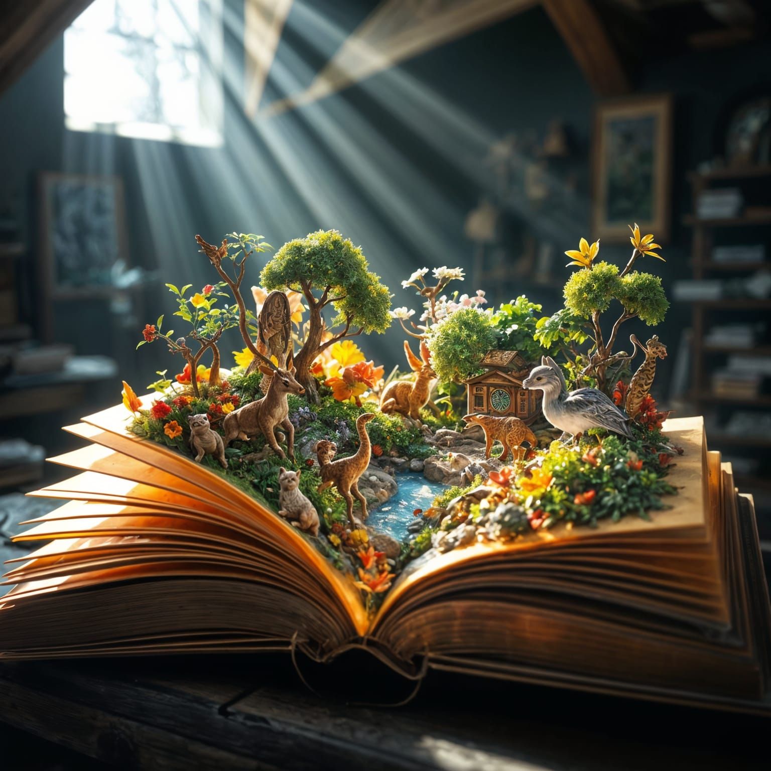closeup side shot luminescent open book, from the page comes to life a miniature fantasy jungle with ...  by @Zacharo