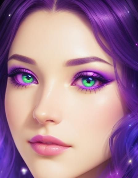 Beautiful young lady with vibrant neon purple wavy hair and green eyes ...