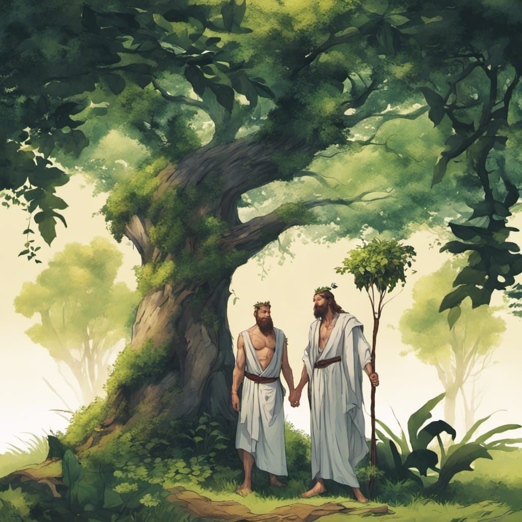 love male druids together summer heat sweaty bodies nature plants ...