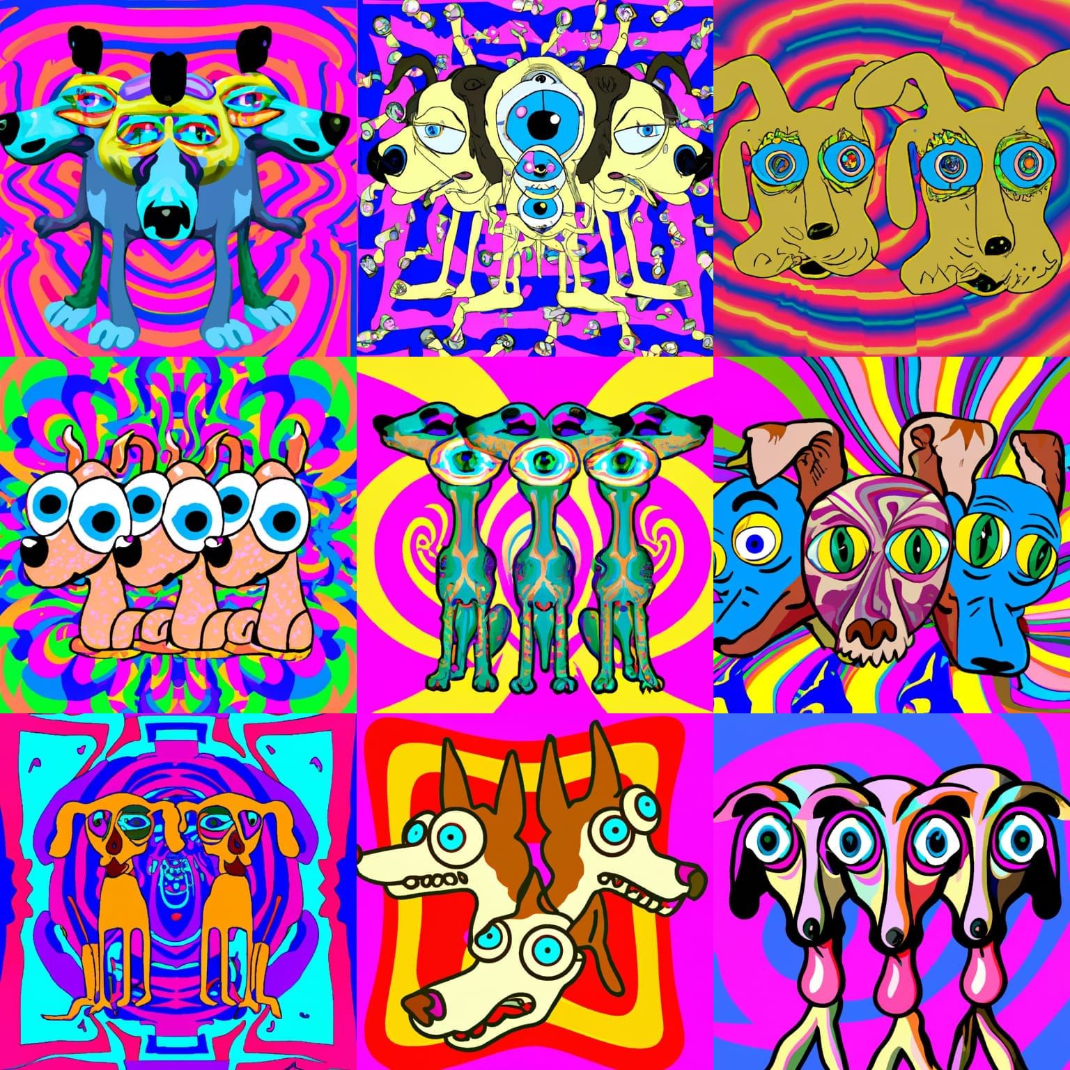 psychedelic visuals cartoon dogs, three eyed cartoon dog psychedelic