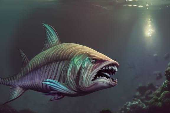 Beautiful Fish Grossly deformed with gaping jaws and sharp teeth, Epic cinematic brilliant stunning intricate ...  by @Gettafix