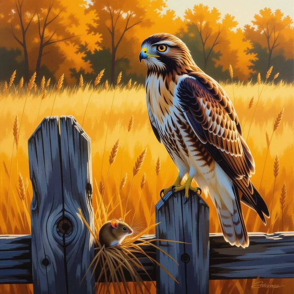 Acrylic highly detailed painting of a Red tail Hawk, perched on a tall fence post, watching his prey ...  by @Phazelwood