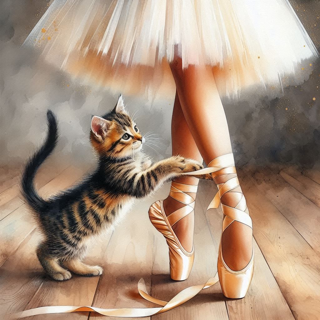 Cute Kitty playing with ballet shoes