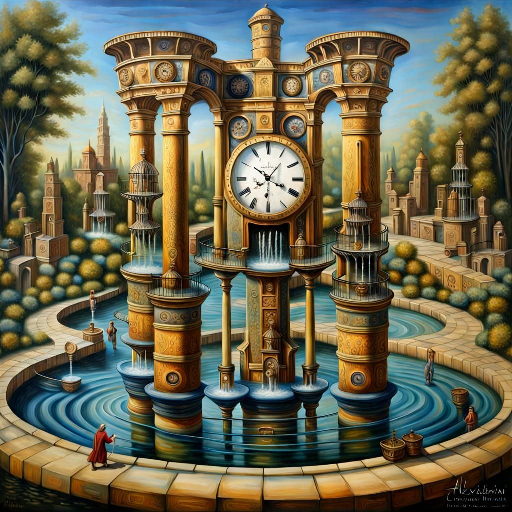 "Babylonian Water Clock Garden A garden featuring Babylonian water