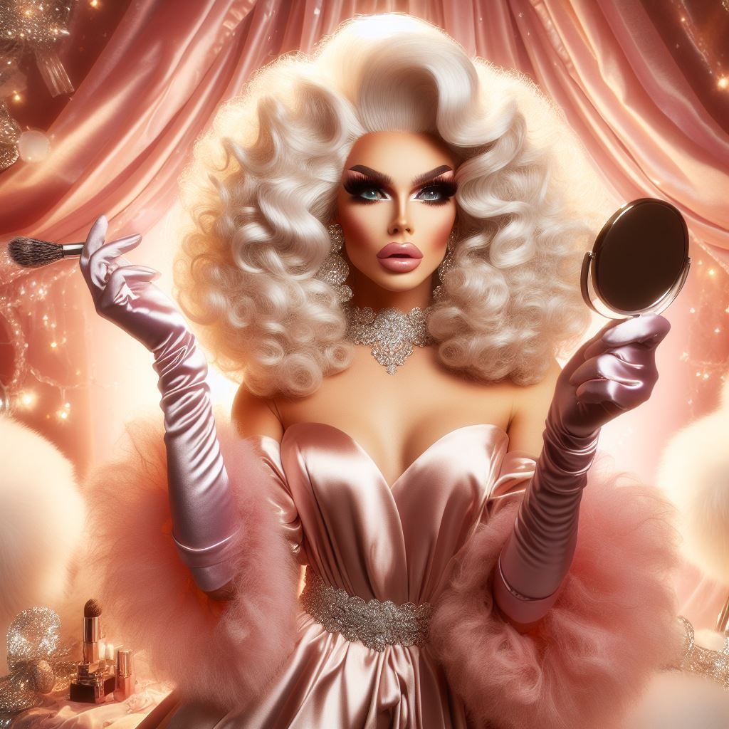 Satin Wonderland of Sissy Dresses and Wigs and Gloves and Makeup Mirrors. Poofy Extravagant Ultra Femme Drag Queen