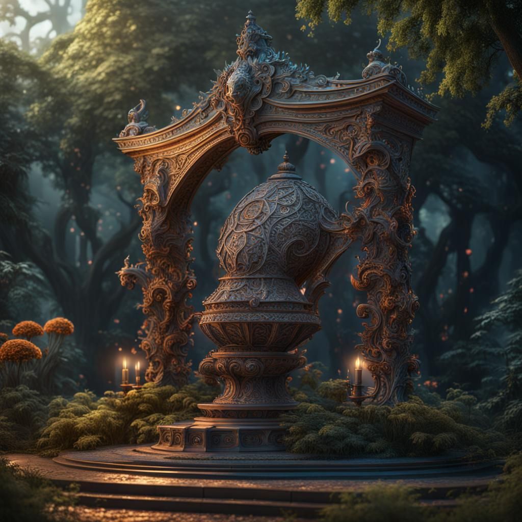 escultura em metal grande e iluminada em um jardin