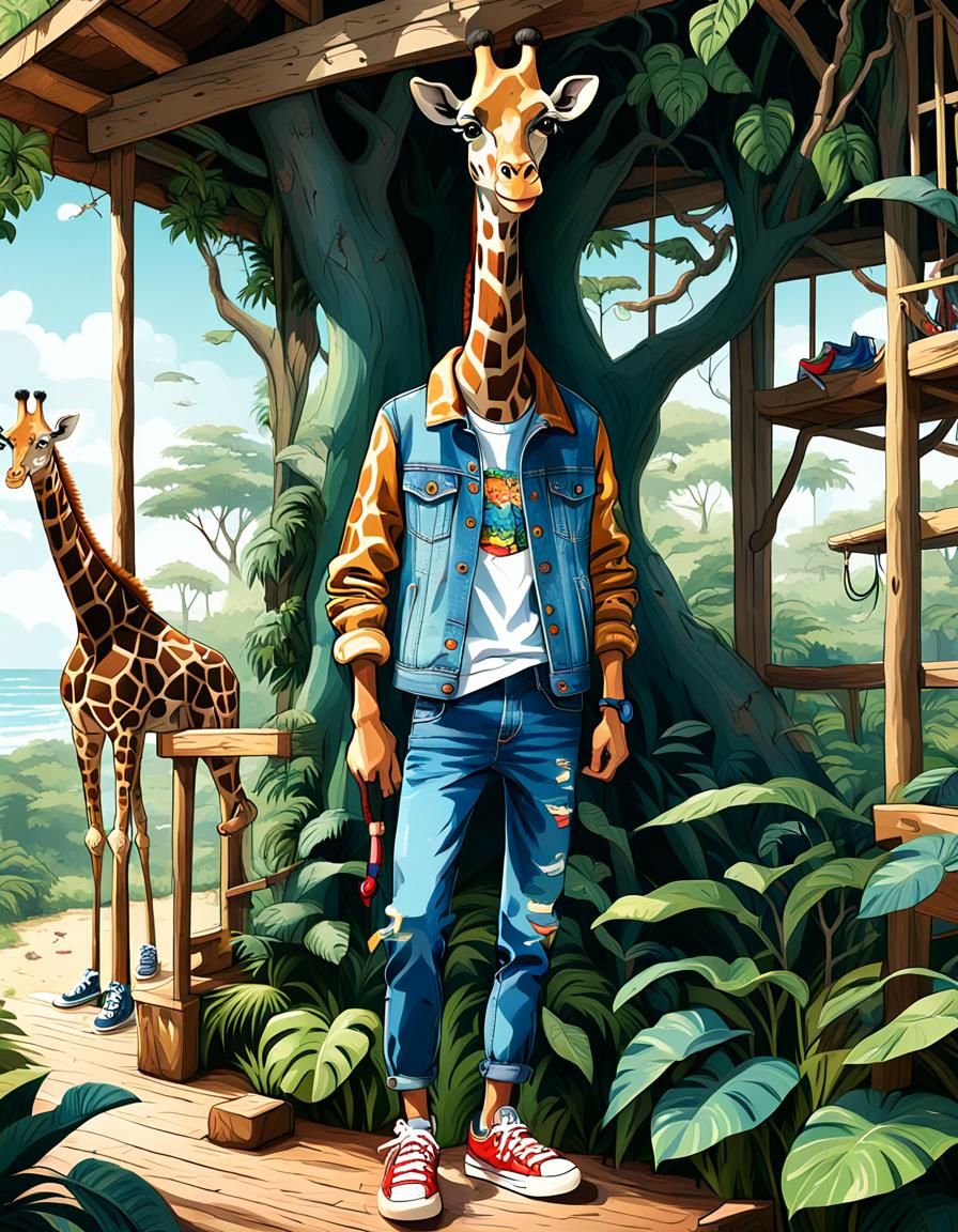 Anthropomorphic giraffe two arm wear Jean jacket and blue je...