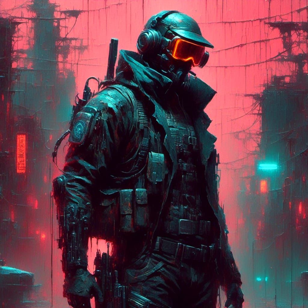 Cyberpunk Soldier by <lora:Lebowski CrackedLine:1.0> 