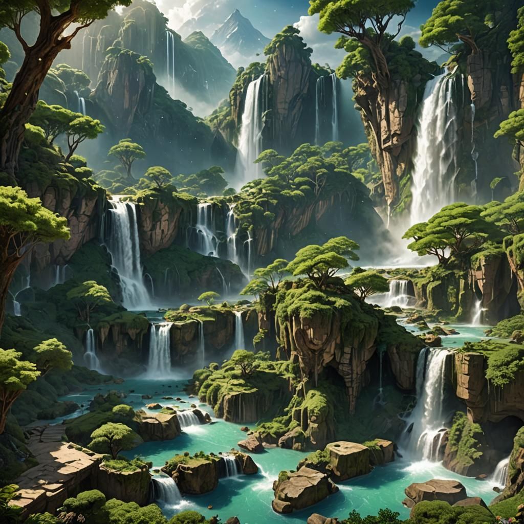 View from the atmosphere, waterfall planet environment, wate...