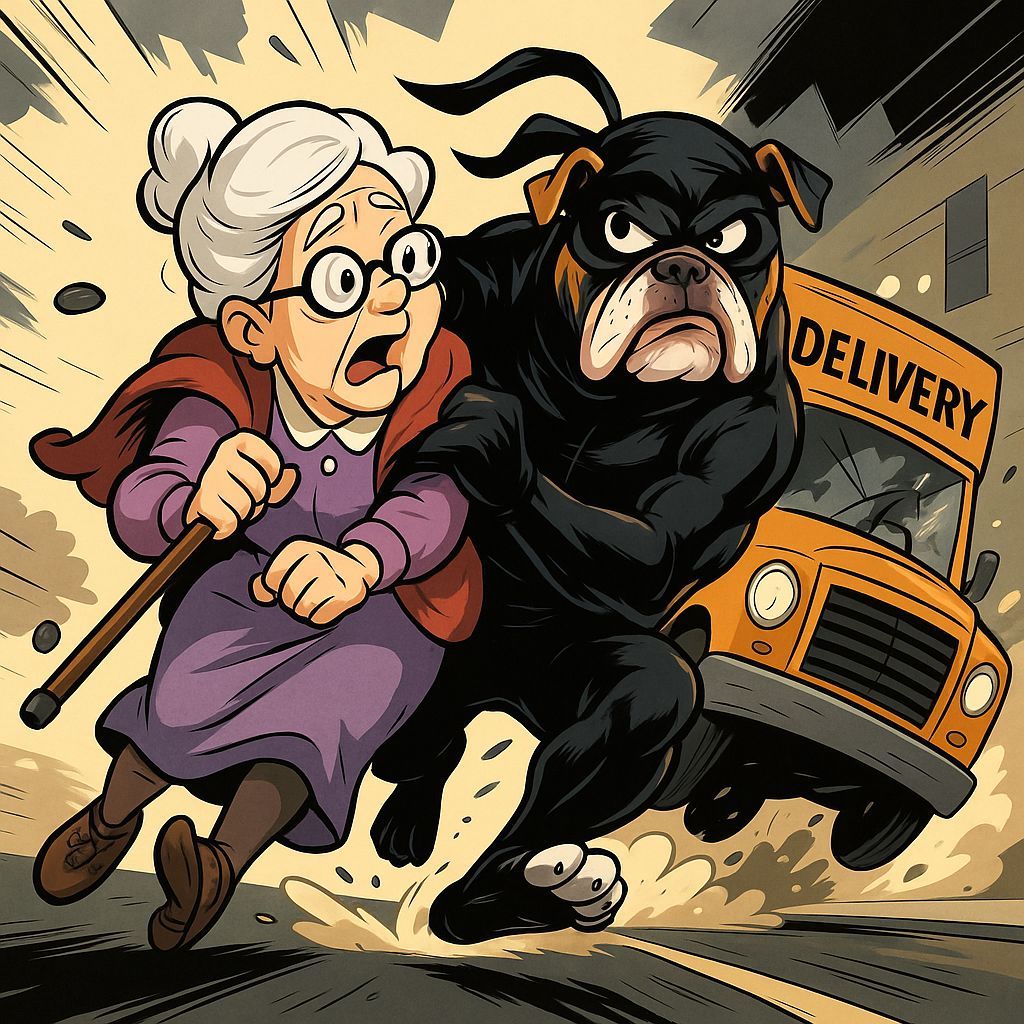 Dog-Ninja saves Granny from the delivery truck and in turn, Granny saves another bulldog from the dangerous street!