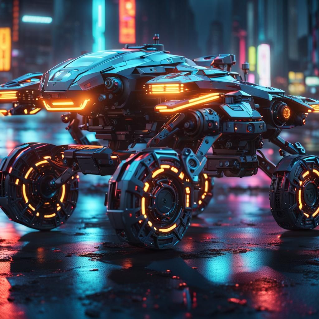 hi tech, cyberpunk, LED-lit, autonomous, wheeled, drone
High...