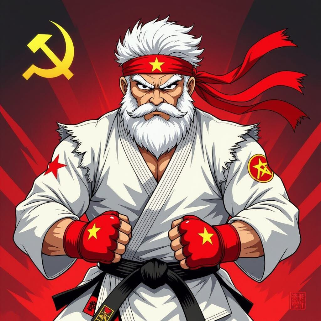 Hyper realistic Karl Marx as Ryu from Street fighter adorned with socialist iconography 