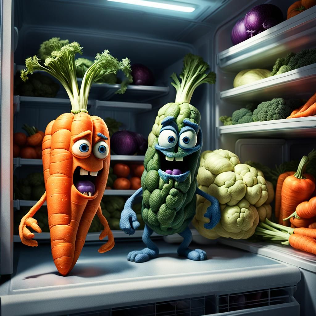 Vibrant Carrots Clash on Refrigerator Shelf in Fantastical S...