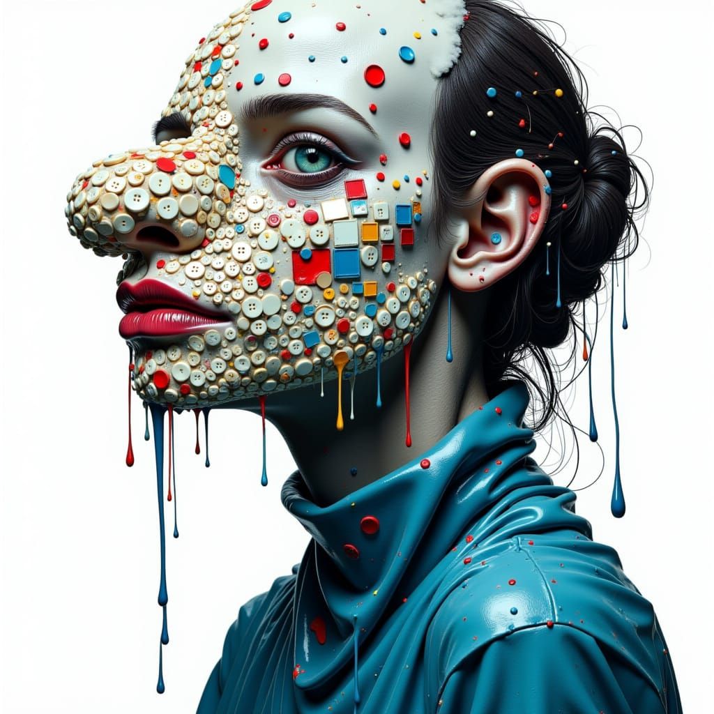 <lora:Kak-DrippingPortrait:1.0>A strange illustrated female creature, close-up, her face is half made of red tiny buttons and half skin, and...