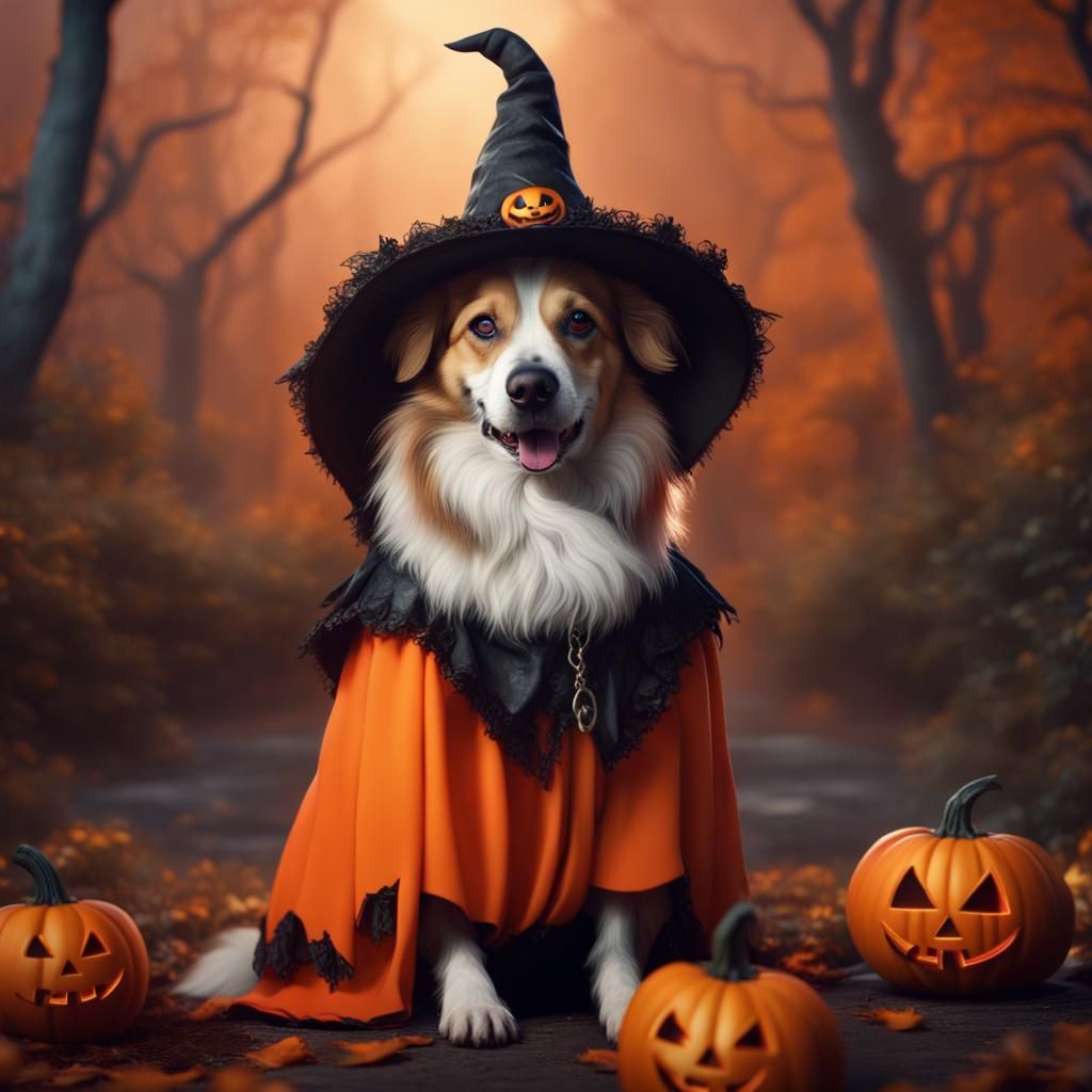 A dog wearing a haloween costume