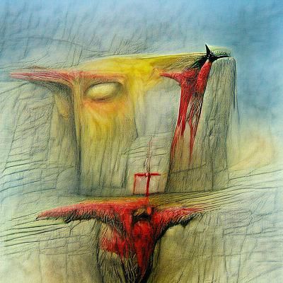 devil crying on Golgotha mountain Jesus is crucified Zdzisław Beksiński pencil sketch