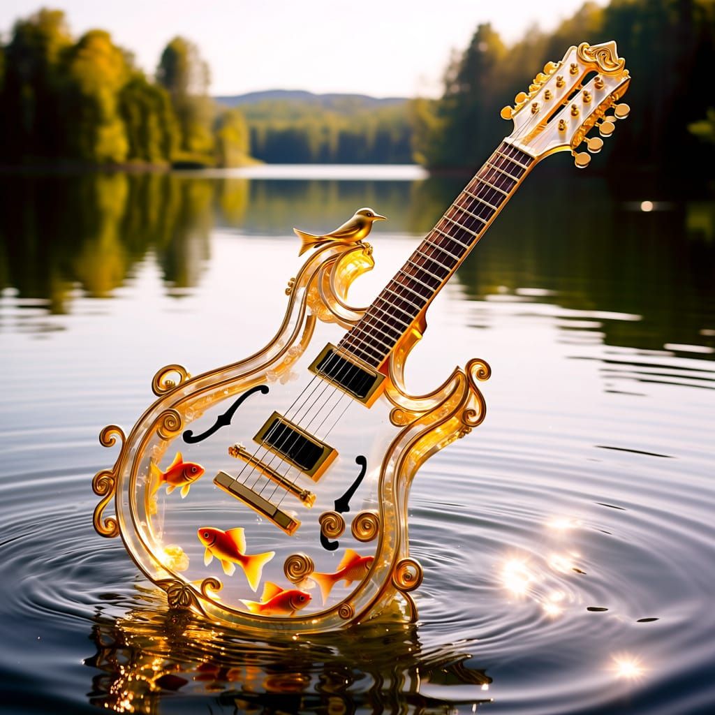 Transparent Guitar Filled with Water and Fish