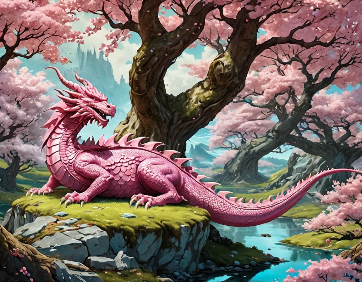 perfect pink dragon sleeping in a serene landscape with cherry trees in full bloom