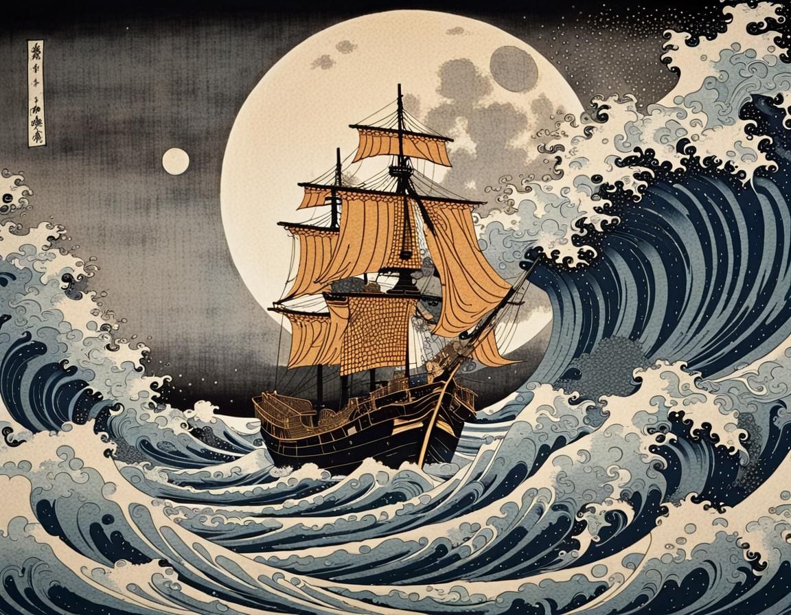 Shuinsen seal ship on a Ukiyo-e woodblock print