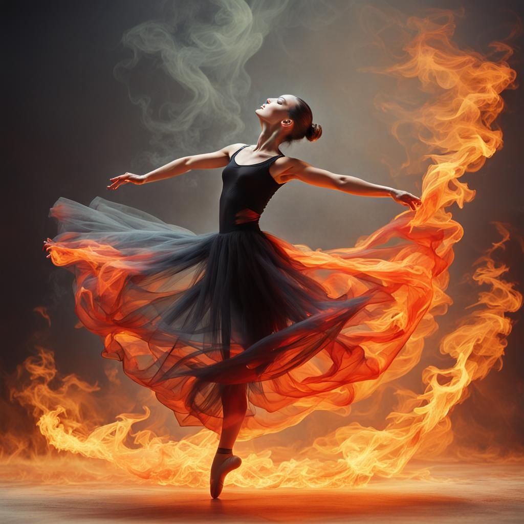 ballerina wearing diaphanous clothes, dancing between flames, | https ...