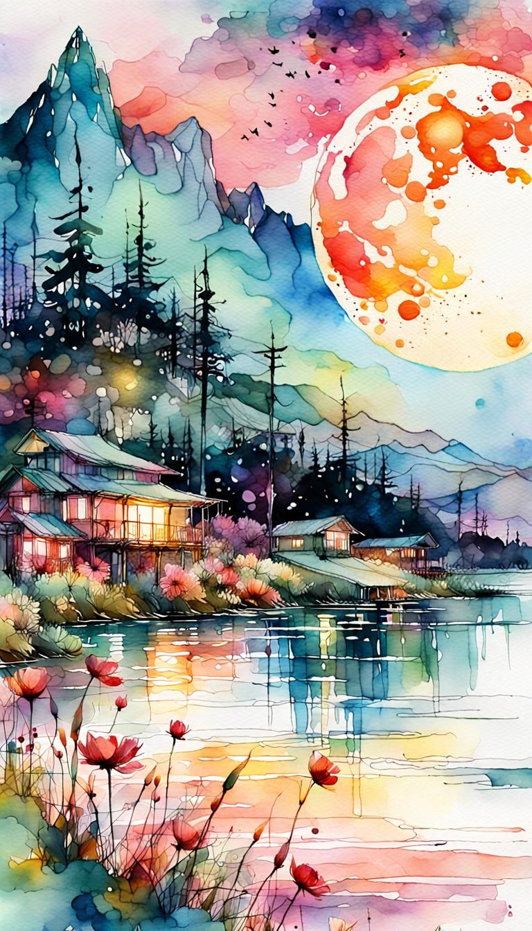 bloodmoon Digital watercolor Illustration of a summerscape s...