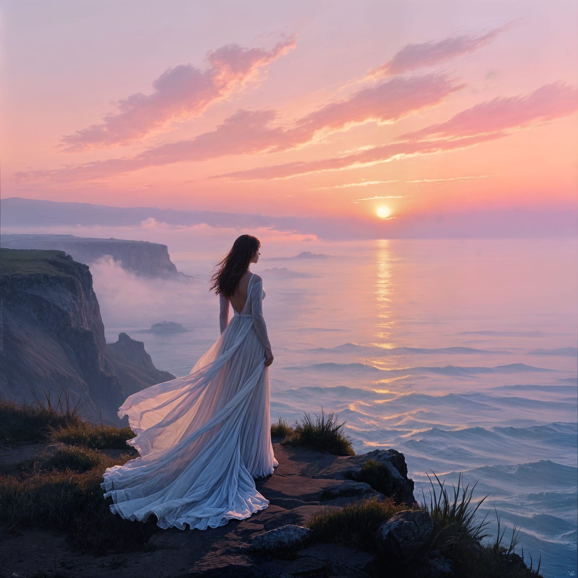 A lone woman stands on a cliff overlooking a vast, misty ocean at dawn. The sky is painted with soft, impressionistic hues of pink and orang...