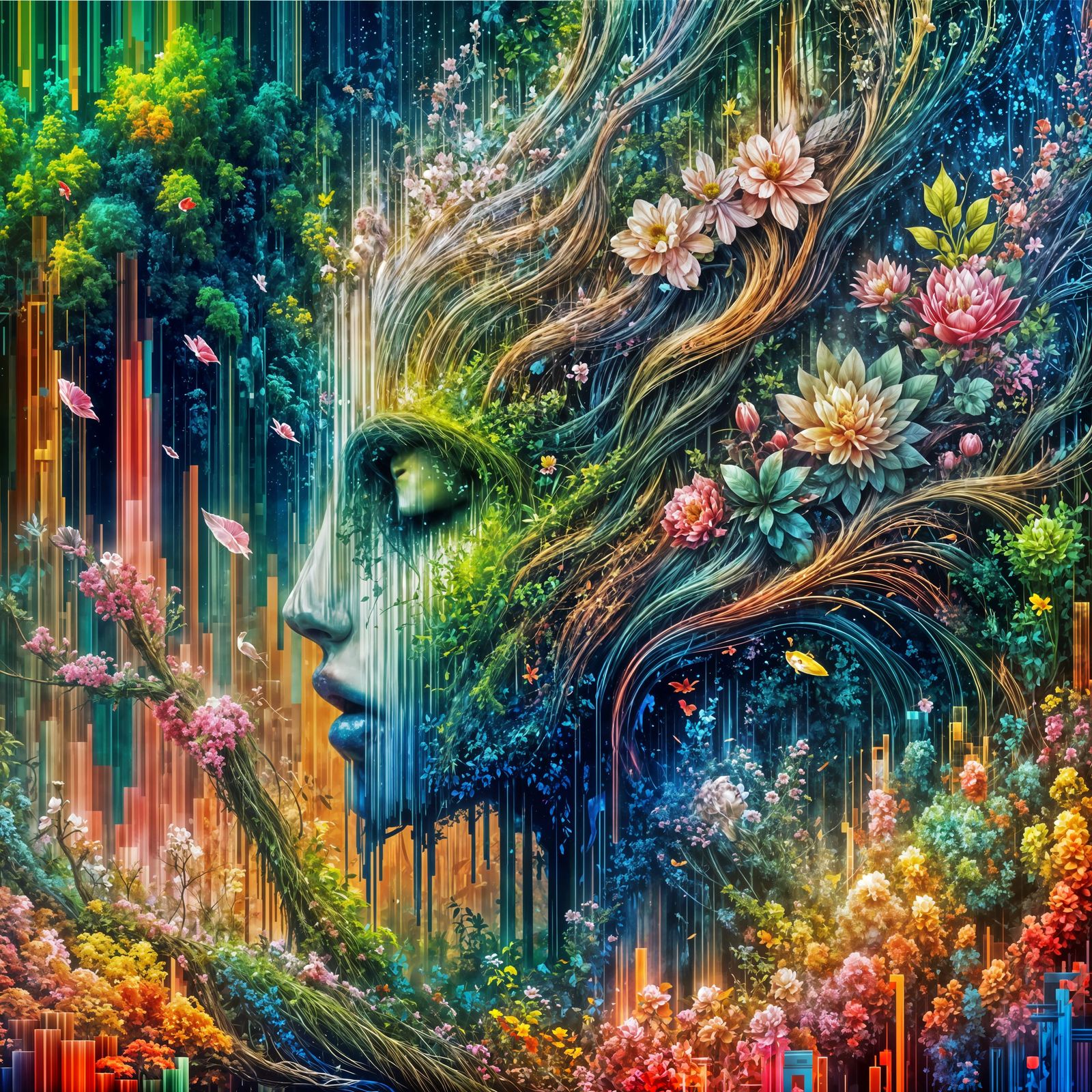 portrait of a serene forest nymph, her face dissolving into a cascade of blooming flowers and glitching ...  by @JenG
